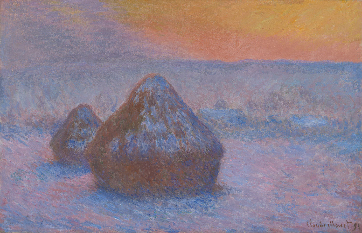 Gemälde von Claude Monet mit dem Titel "Stacks of Wheat (Sunset, Snow Effect)". Das Bild zeigt eine winterliche Landschaft mit drei Getreidestapeln, die von Schnee bedeckt sind. Der Himmel leuchtet in warmen Farben eines Sonnenuntergangs, während die Landschaft in kühlen Blau- und Violetttönen gehalten ist. Die Pinselstriche sind lebendig und impressionistisch, wodurch eine träumerische Atmosphäre entsteht.