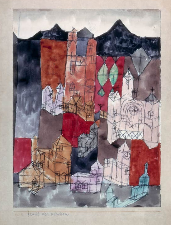 Kunstdruck des Gemäldes „Stadt der Kirchen“ von Paul Klee – hochwertige Reproduktion eines abstrakten Kunstwerks mit architektonischen Formen.