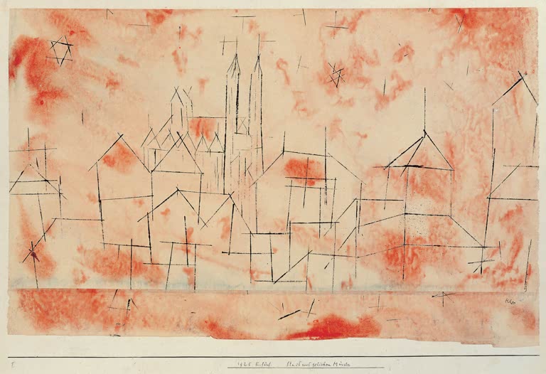 Kunstdruck „Stadt mit gotischem Münster“ von Paul Klee mit abstrakter Stadtansicht und gotischem Münster