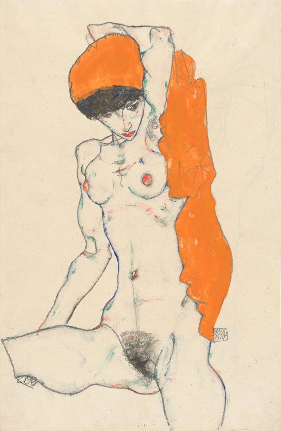 Expressionistisches Gemälde von Egon Schiele: Stehender Akt mit orangefarbenem Tuch, dargestellt in markanter Linienführung und intensiven Farben im Hochformat.