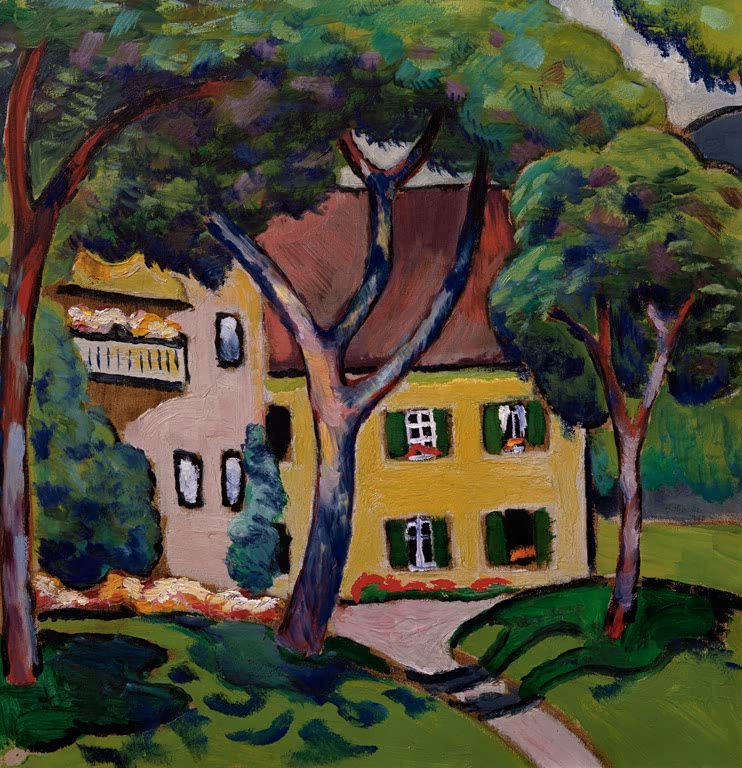 Kunstdruck des Gemäldes „Staudacherhaus in Tegernsee“ von August Macke. Hochwertig in Deutschland von Hand gefertigt, erhältlich als Leinwand oder Poster und optional gerahmt.