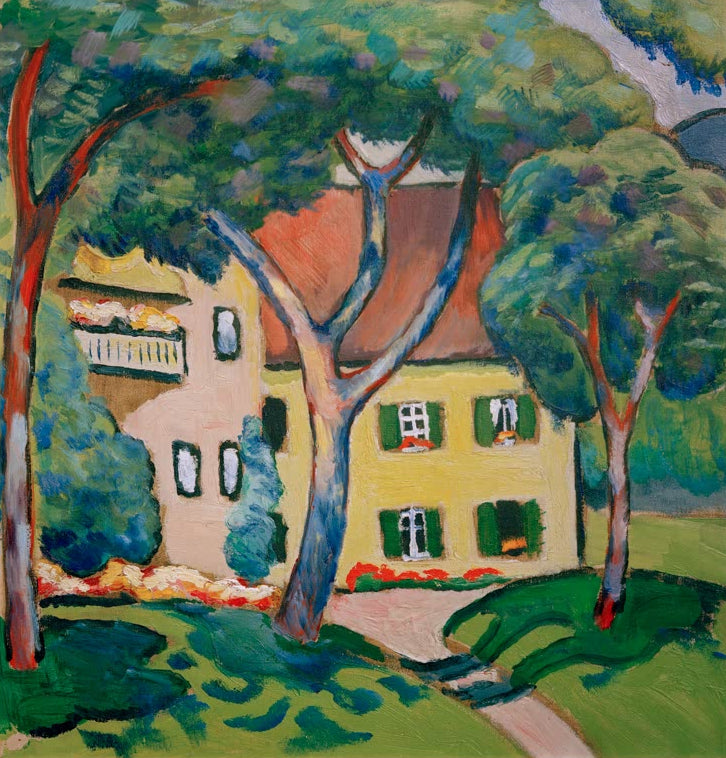 Kunstdruck des Gemäldes „Staudacherhaus in Tegernsee“ von August Macke. Hochwertig in Deutschland von Hand gefertigt, erhältlich als Leinwand oder Poster und optional gerahmt.