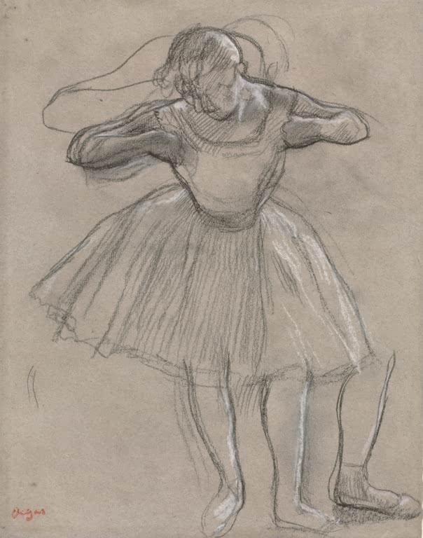 Kunstdruck des Gemäldes Stehende Balletttänzerin von Edgar Degas mit einer Balletttänzerin in stehender Pose.