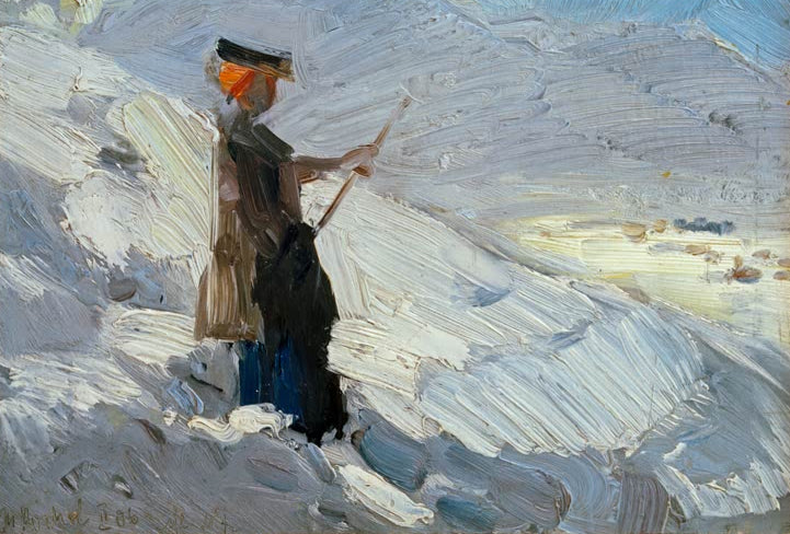 Kunstdruck des Gemäldes „Stehende Frau in Winterlandschaft“ von Franz Marc. Hochwertig in Deutschland von Hand gefertigt, erhältlich als Poster oder Leinwand und optional gerahmt.