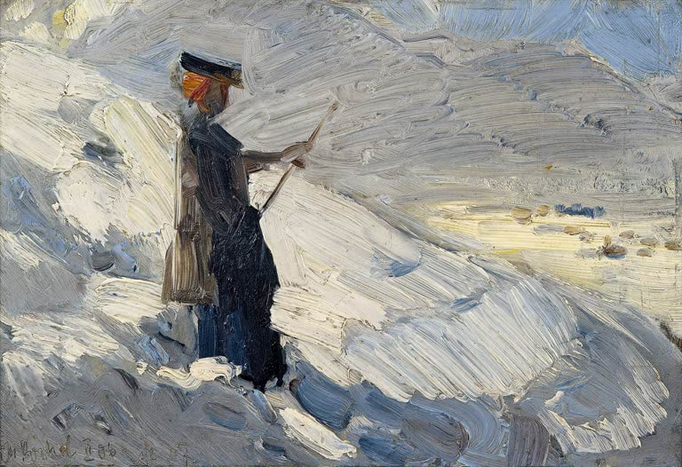 Kunstdruck des Gemäldes „Stehende Frau in Winterlandschaft“ von Franz Marc. Hochwertig in Deutschland von Hand gefertigt, erhältlich als Poster oder Leinwand und optional gerahmt.