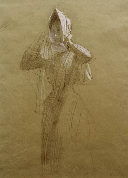 Kunstdruck des Gemäldes „Stehende junge Frau, ein Kopftuch umlegend“ von Gustav Klimt – hochwertige Reproduktion einer eleganten Figurenstudie.