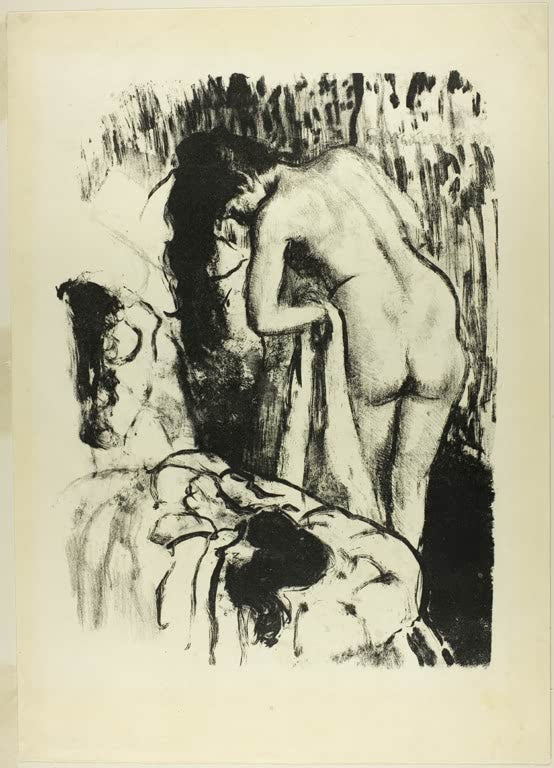 Kunstdruck des Gemäldes Stehende nackte Frau, die sich abtrocknet von Edgar Degas mit einer stehenden Frau beim Abtrocknen nach dem Baden.