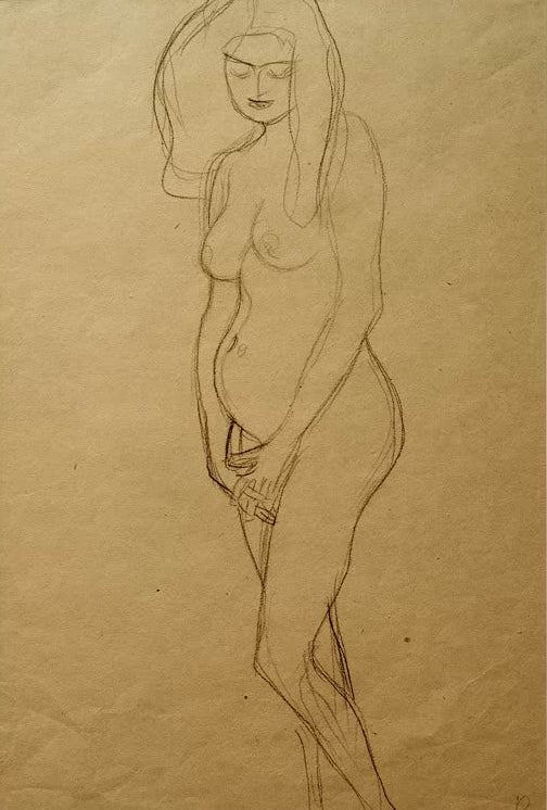 Kunstdruck des Gemäldes „Stehende nackte Schwangere nach links, die Hände…“ von Gustav Klimt – hochwertige Reproduktion einer Aktstudie.