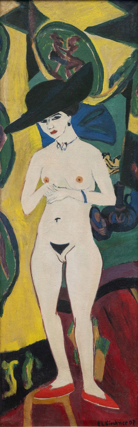 Expressionistisches Gemälde 'Stehender Akt mit Hut' von Ernst Ludwig Kirchner – eine farbintensive Darstellung einer stehenden Frau mit Hut in dynamischer Linienführung.