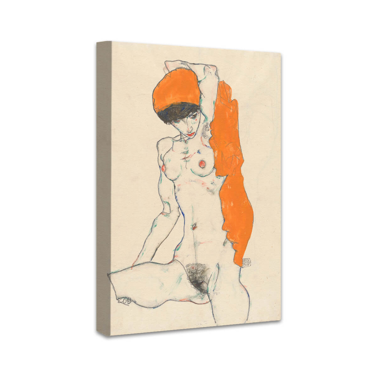 Stehender Akt mit orangefarbenem Tuch | Egon Schiele