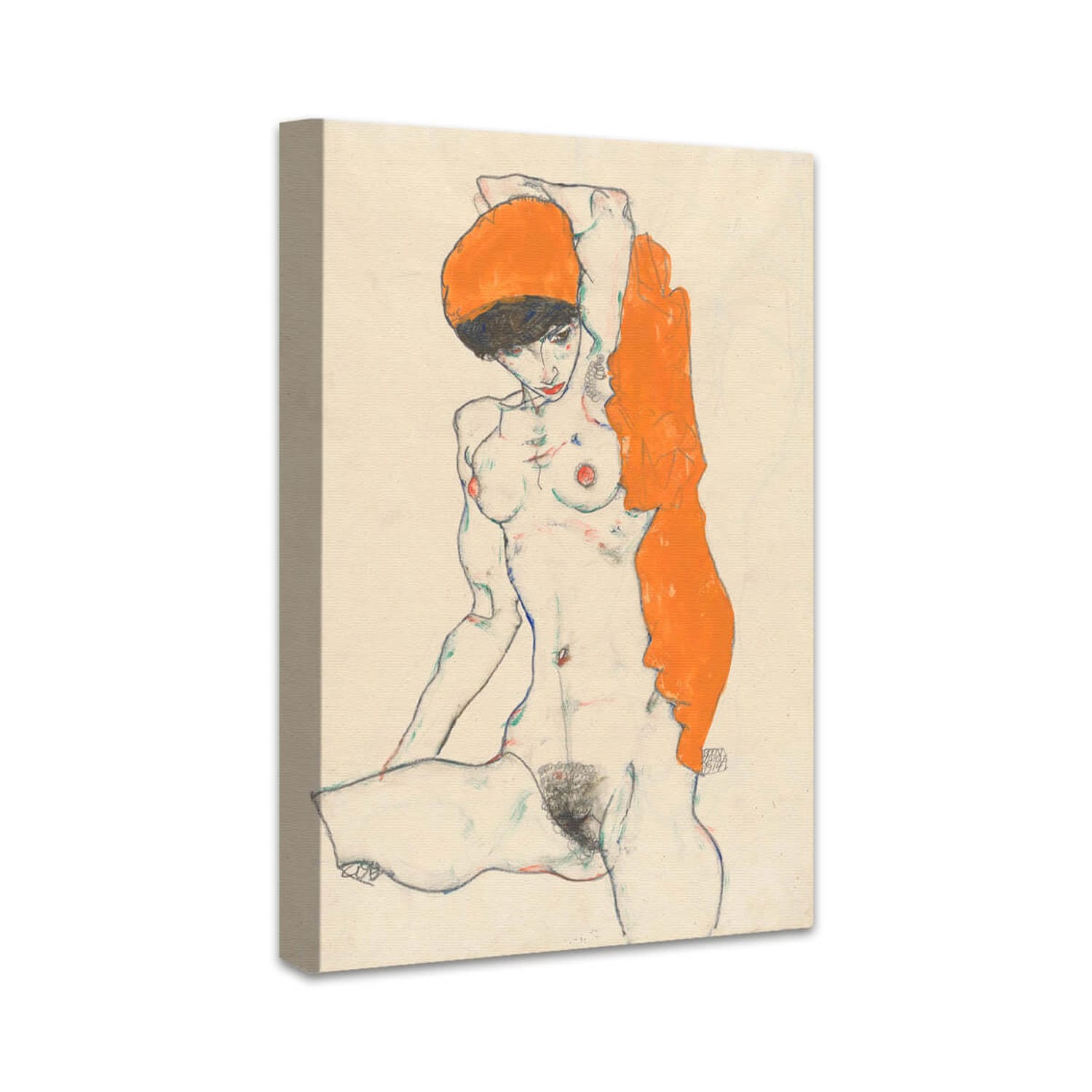 Stehender Akt mit orangefarbenem Tuch | Egon Schiele