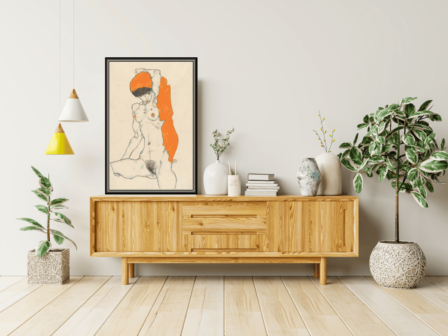 Stehender Akt mit orangefarbenem Tuch | Egon Schiele