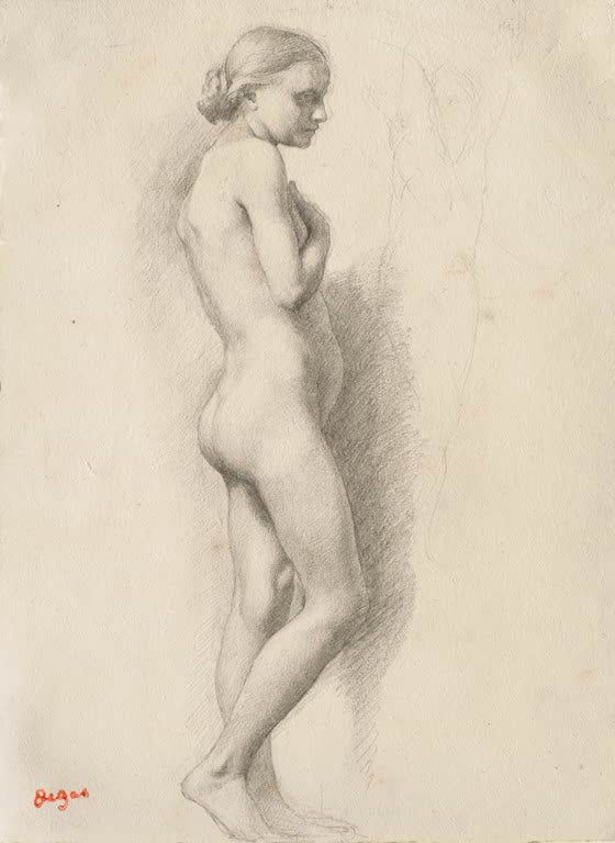 Kunstdruck des Gemäldes Stehender Akt von Edgar Degas mit einer stehenden weiblichen Figur in einer Aktdarstellung.