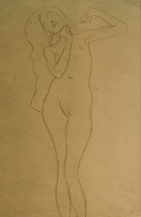 Kunstdruck des Gemäldes „Stehender Frauenakt mit erhobenen Armen (Studie)“ von Gustav Klimt – hochwertige Reproduktion einer Aktstudie.