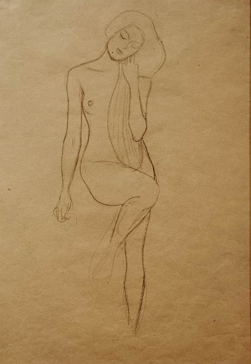Kunstdruck des Gemäldes „Stehender Frauenakt mit gehobenem rechten Bein“ von Gustav Klimt – hochwertige Reproduktion einer ausdrucksstarken Aktstudie.