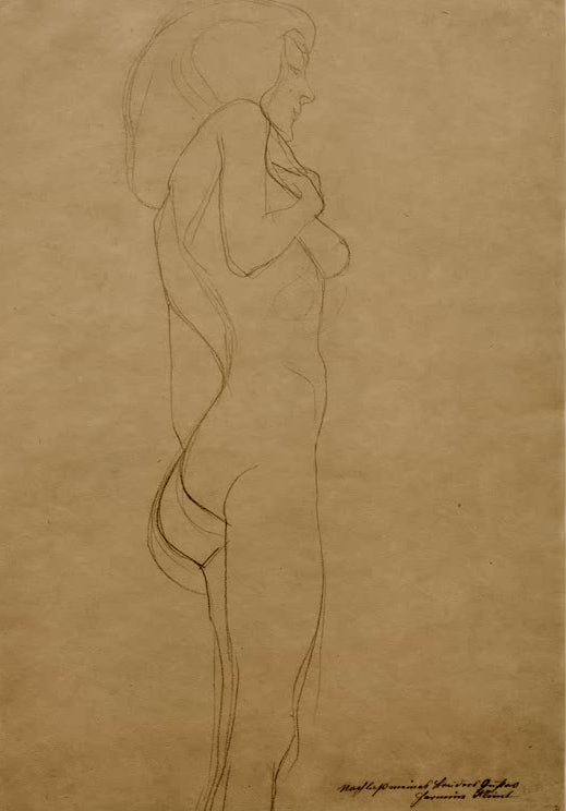 Kunstdruck des Gemäldes „Stehender Frauenakt nach rechts (Studie)“ von Gustav Klimt – hochwertige Reproduktion einer ausdrucksstarken Aktstudie.