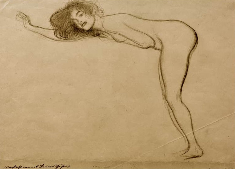 Kunstdruck des Gemäldes „Stehender Mädchenakt mit vorgebeugtem Körper nach links“ von Gustav Klimt – hochwertige Reproduktion einer ausdrucksstarken Aktstudie.