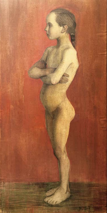 Kunstdruck des Gemäldes Stehender Mädchenakt nach links, Arme verschränkt von Paula Modersohn-Becker mit einer stehenden weiblichen Figur mit verschränkten Armen.