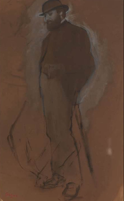 Kunstdruck des Gemäldes Stehender Mann mit Bowlerhut; leichte Skizze einer Frau links von Edgar Degas mit einem stehenden Mann mit Hut und einer Skizze einer Frau.
