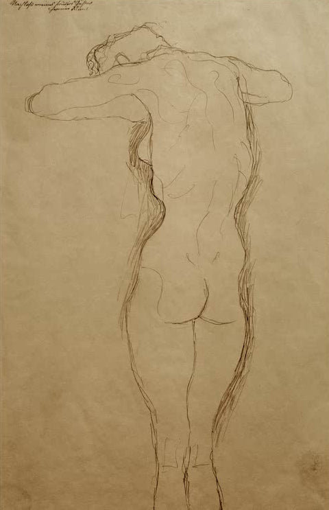 Kunstdruck des Gemäldes „Stehender Rückenakt, die Arme horizontal gebeugt (Studie)“ von Gustav Klimt – hochwertige Reproduktion einer Aktstudie.