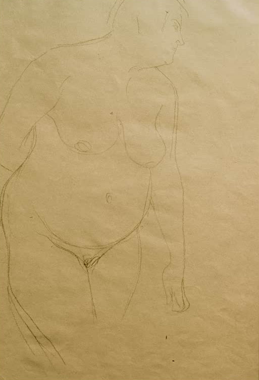 Kunstdruck des Gemäldes „Stehender dicker Frauenakt etwas nach rechts (Studie)“ von Gustav Klimt – hochwertige Reproduktion einer Aktstudie.