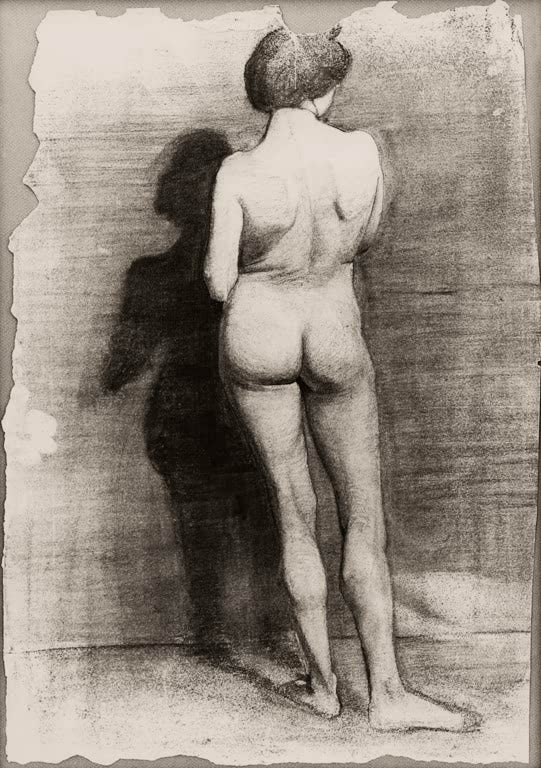 Kunstdruck des Gemäldes Stehender weiblicher Akt, Rückenansicht, vor dunkler Wand von Paula Modersohn-Becker mit einer stehenden weiblichen Figur in Rückenansicht vor dunklem Hintergrund.