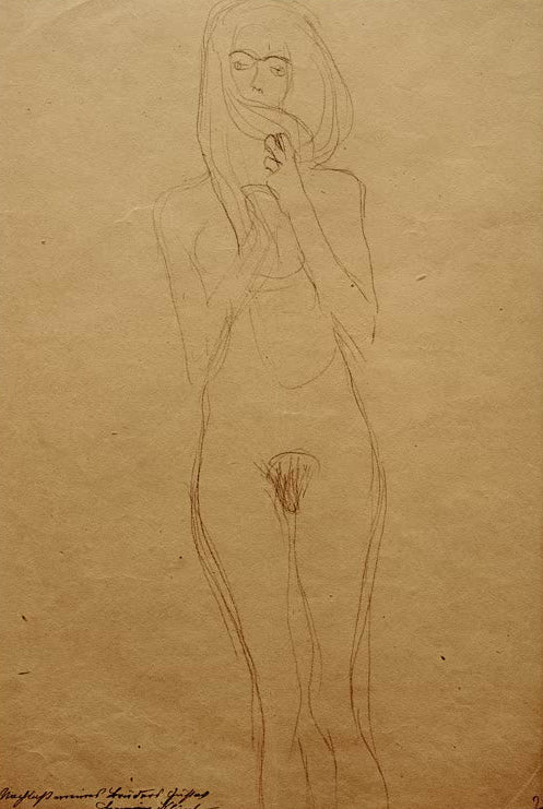 Kunstdruck des Gemäldes „Stehender weiblicher Akt, den Mund durch Haare verdeckt“ von Gustav Klimt – hochwertige Reproduktion einer Aktstudie.
