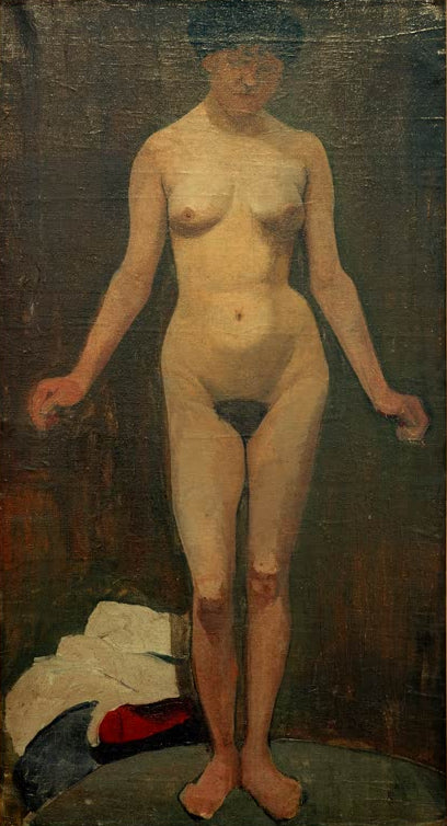 Kunstdruck von Stehender weiblicher Akt, frontal, die Arme angewinkelt von Paula Modersohn-Becker – klassischer Akt als hochwertiger Kunstdruck.