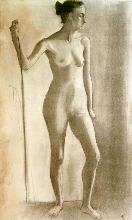 Kunstdruck „Stehender weiblicher Akt, in der rechten Hand einen Stab“ von Paula Modersohn-Becker mit stehender Figur