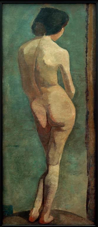 Kunstdruck von „Stehender weiblicher Rückenakt“ von Paula Modersohn-Becker. Ausdrucksstarke Aktstudie mit reduzierter Formensprache, in Deutschland handgefertigt.