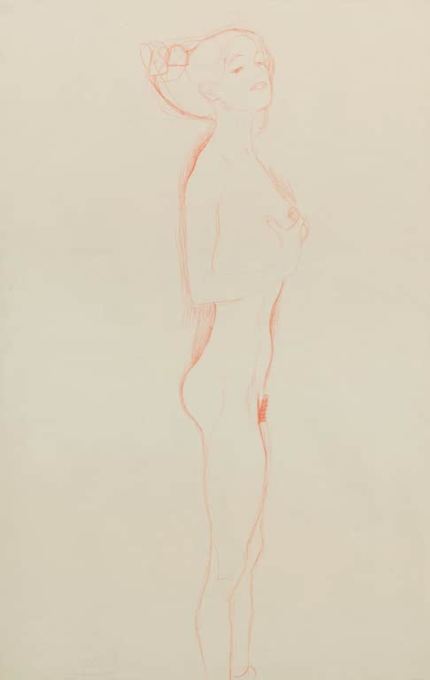Kunstdruck von „Stehendes nacktes Mädchen, die rechte Hand an der Brust“ von Gustav Klimt mit ausdrucksstarker Figurenstudie und feiner Linienführung. In Deutschland von Hand gefertigt.