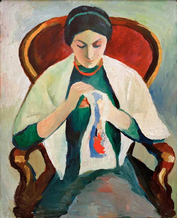 Kunstdruck des Gemäldes „Stickende Frau im Sessel: Porträt der Frau des Künstlers“ von August Macke. Hochwertig in Deutschland von Hand gefertigt, erhältlich als Leinwand oder Poster und optional gerahmt.