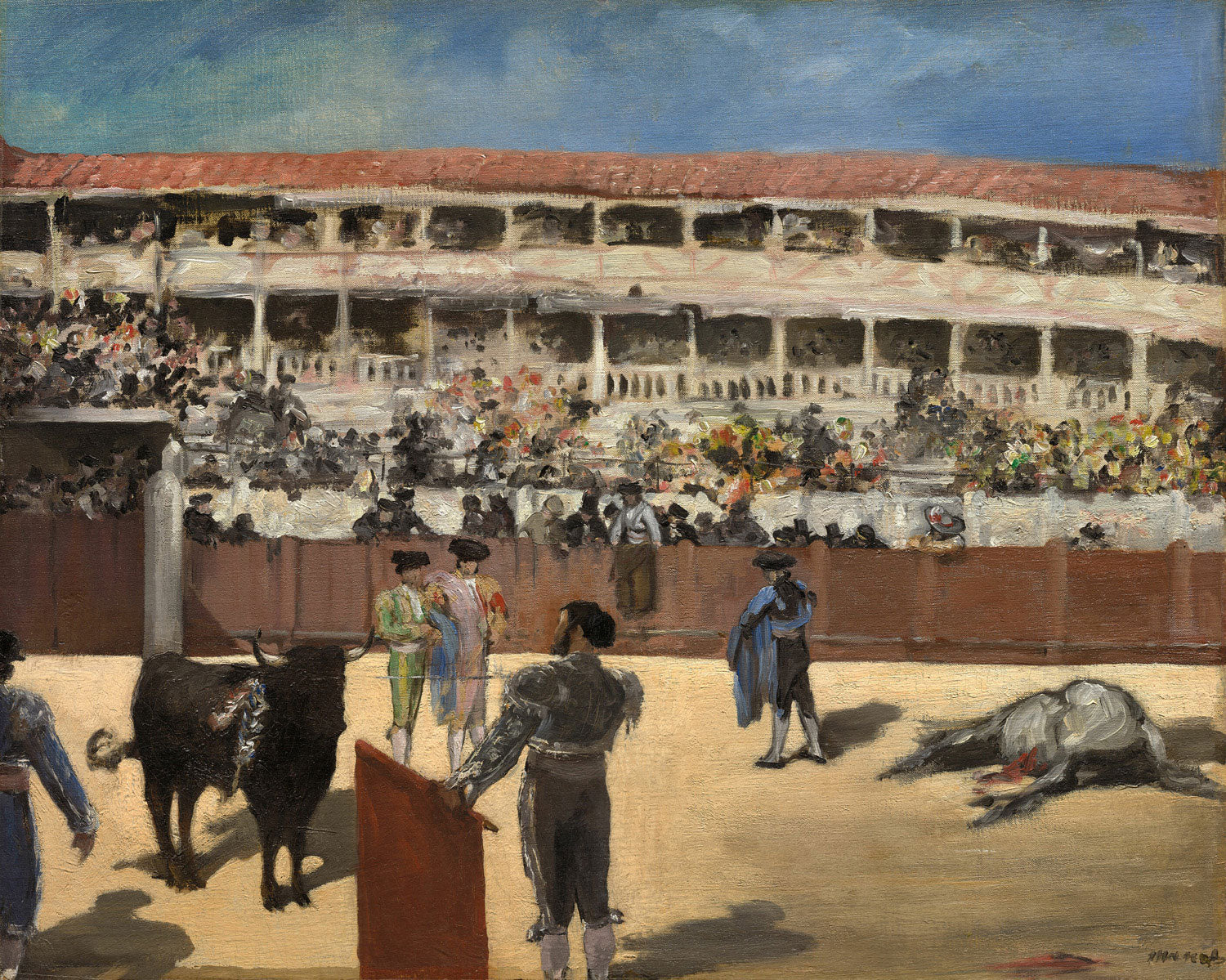 Das Gemälde "Stierkampf" von Édouard Manet zeigt einen dramatischen Moment eines Stierkampfes in der Arena. Der Stier und der Matador sind im Zentrum der Szene, umgeben von einer spannungsgeladenen Atmosphäre. Die Zuschauer sind angedeutet, während die Bewegung des Kampfes den Fokus bildet.