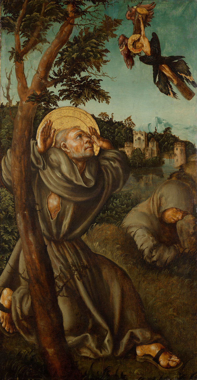 Stigmatisation des hl. Franziskus von Lucas Cranach d. Ä.: Religiöses Gemälde, das den Moment der göttlichen Wundmale des heiligen Franziskus darstellt, mit feinen Details und lebendigen Farben im typischen Renaissance-Stil.