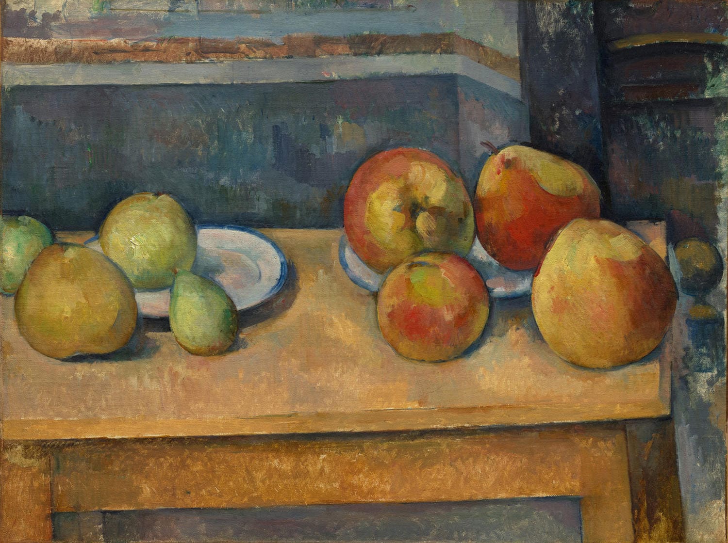 „Stillleben mit Äpfeln und Birnen“ von Paul Cézanne zeigt eine kunstvolle Anordnung von Äpfeln und Birnen in kräftigen Farben. Das Stillleben ist ein Paradebeispiel für Cézannes innovative Maltechnik, mit einem Fokus auf geometrische Formen und der tiefgründigen Darstellung von Licht und Schatten.