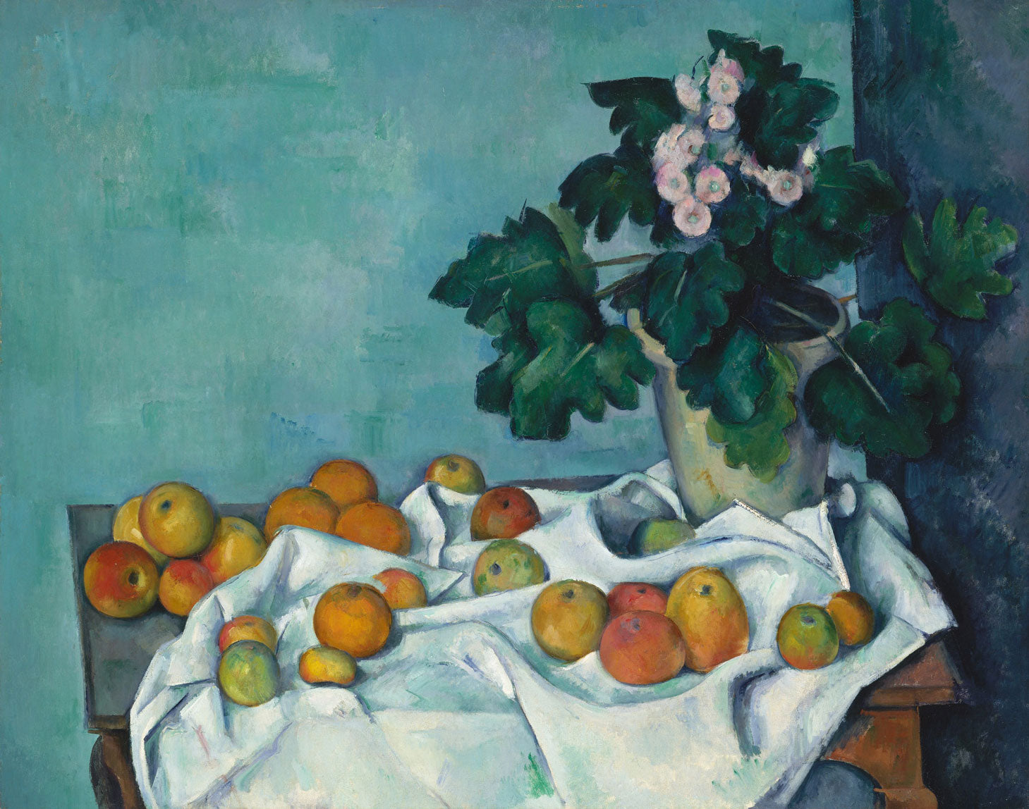 „Stillleben mit Äpfeln und einem Topf Primeln“ von Paul Cézanne zeigt eine detailreiche Anordnung von Äpfeln und einem Topf mit Primeln. Die lebendigen Farben der Früchte und die feine Textur des Topfes werden durch Cézannes meisterhafte Technik von Licht und Schatten lebendig und harmonisch eingefangen.