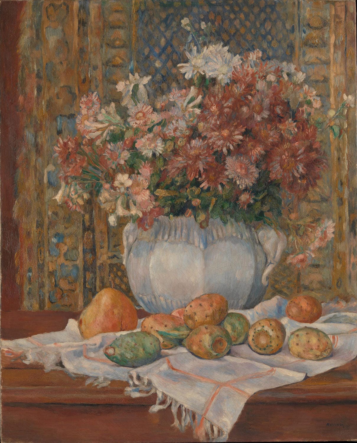 Impressionistisches Stillleben von Pierre-Auguste Renoir mit Blumen und Kaktusfeigen. Leuchtende Farben und weiche Pinselstriche verleihen dem Arrangement eine lebendige und harmonische Ausstrahlung.