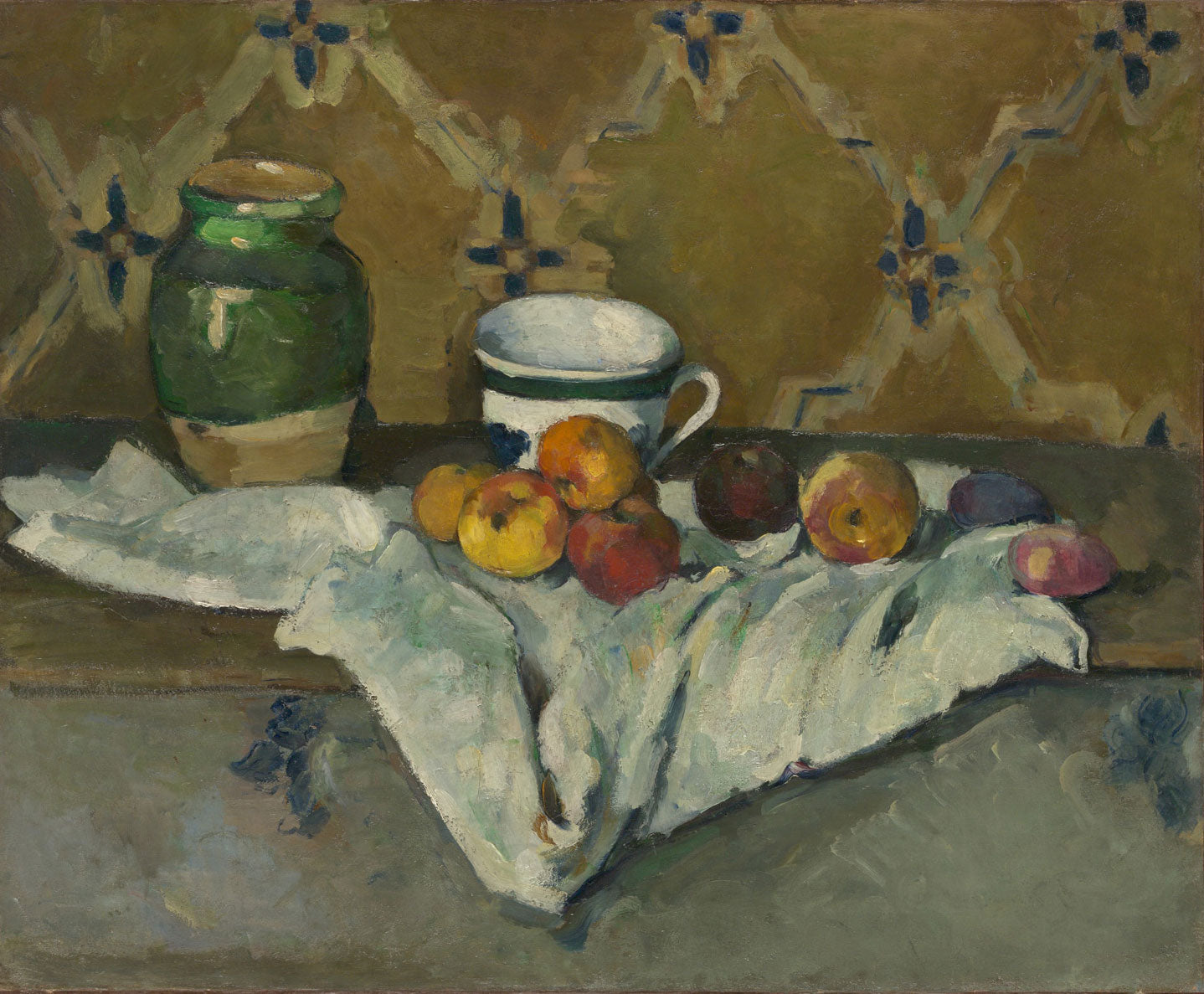 „Stillleben mit Krug, Tasse und Äpfeln“ von Paul Cézanne zeigt eine harmonische Anordnung von Alltagsobjekten – eine Keramikkanne, eine Tasse und frische Äpfel. Durch Cézannes innovative Nutzung von Farben und geometrischen Formen erhält das Stillleben eine lebendige, zeitlose Wirkung.