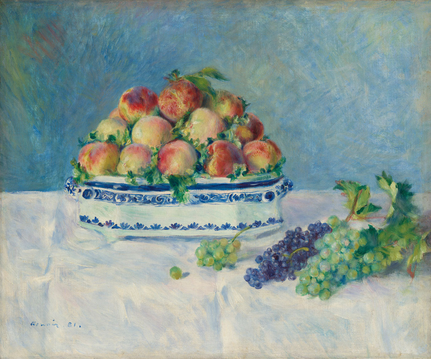 Impressionistisches Stillleben von Pierre-Auguste Renoir mit Pfirsichen und Trauben. Weiche Pinselstriche und warme Farbtöne verleihen den Früchten eine lebendige Frische und natürliche Fülle.