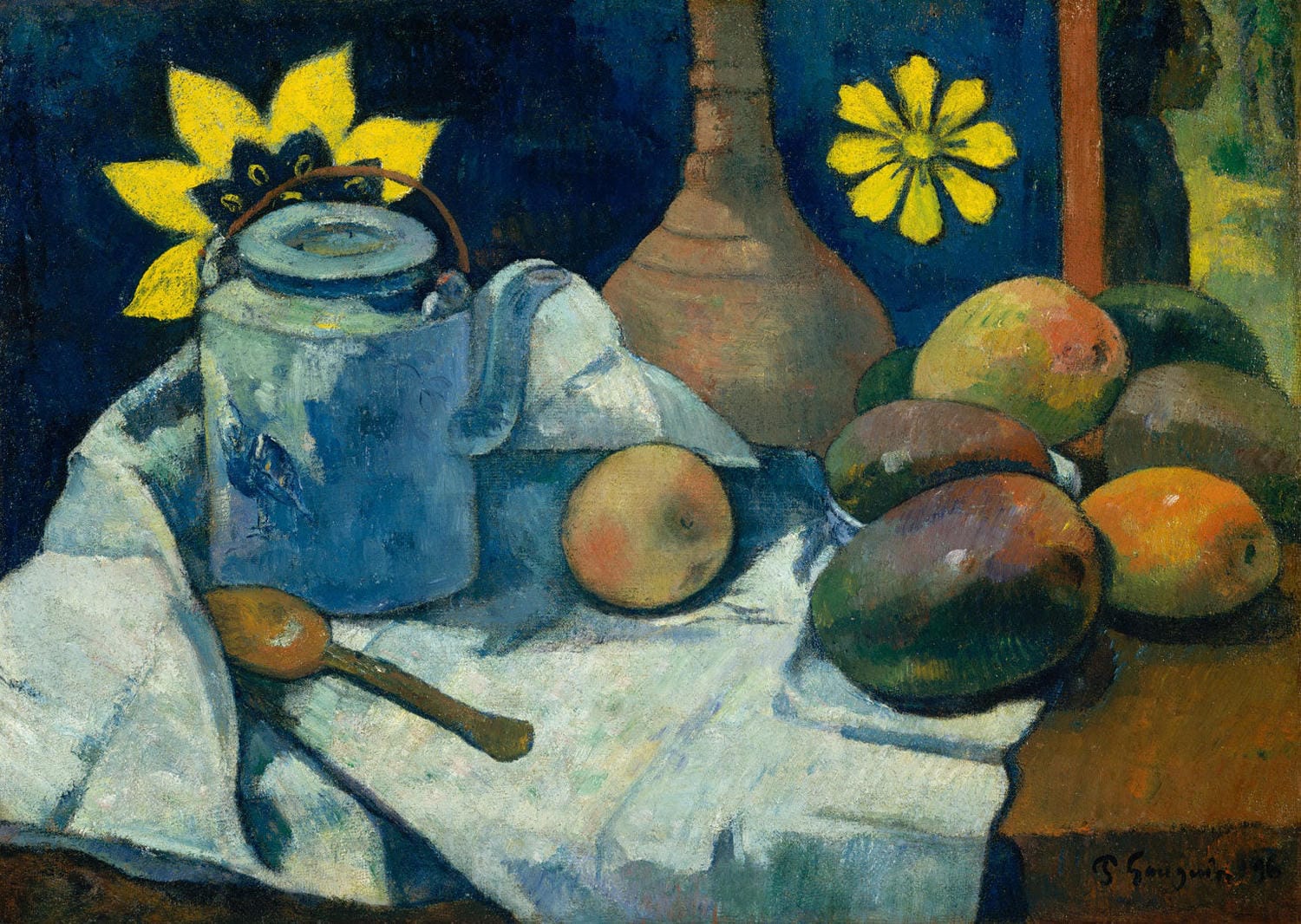 „Stillleben mit Teekanne und Obst“ von Paul Gauguin zeigt eine lebendige Komposition aus Früchten und einer Teekanne, die in kräftigen Farben und harmonischen Kontrasten arrangiert sind. Das Stillleben fängt die Schönheit des Alltäglichen mit Gauguins einzigartigem, ausdrucksstarkem Stil ein.