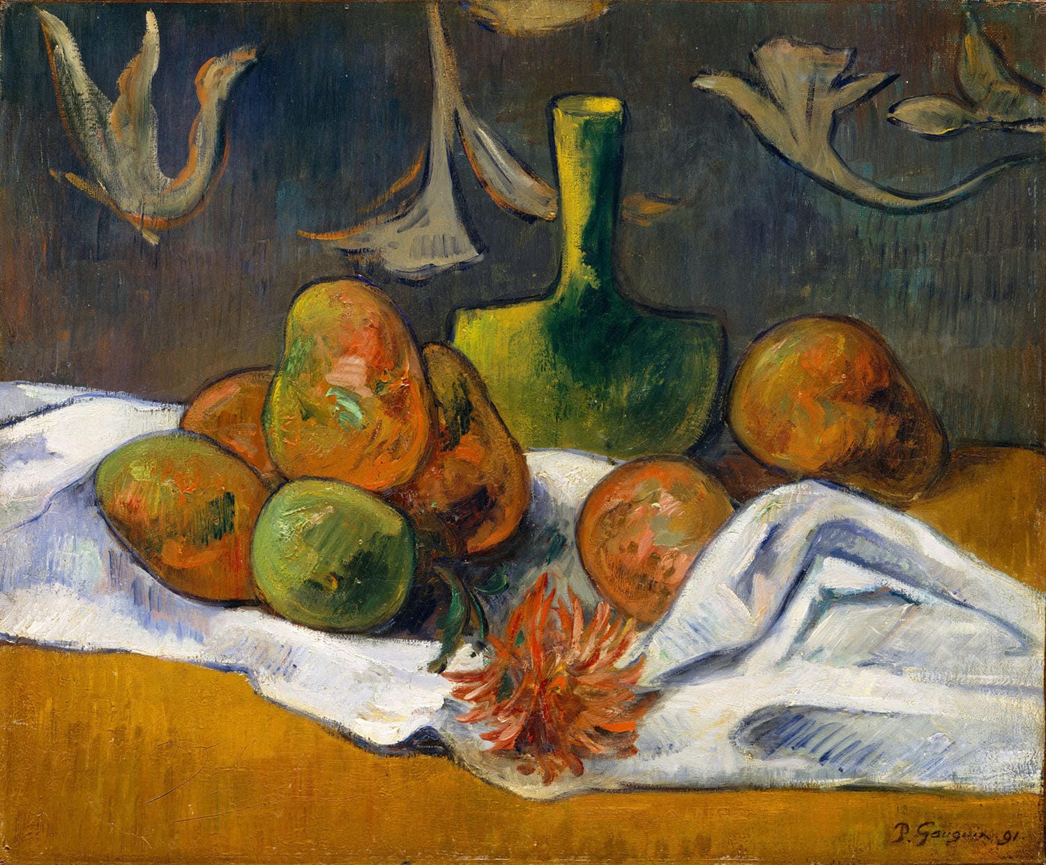 „Stillleben“ von Paul Gauguin zeigt eine kunstvoll arrangierte Komposition aus Früchten, Töpfen und Blumen. Mit kräftigen Farben und klaren Formen bringt das Gemälde die Schönheit des Alltags zur Geltung und bietet eine ausdrucksstarke Interpretation des traditionellen Stilllebens im Postimpressionismus.