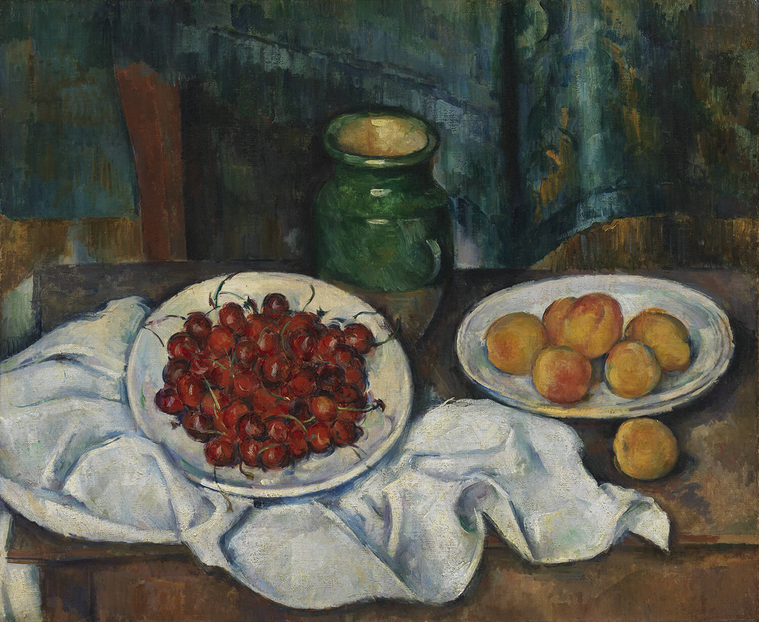 Das Gemälde „Stillleben mit Kirschen und Pfirsichen“ von Paul Cézanne zeigt eine kunstvoll arrangierte Obstschale mit leuchtenden Kirschen und Pfirsichen. Die sanften Pinselstriche und die detailreiche Darstellung der Früchte fangen die natürliche Textur und Farbe der Objekte ein und vermitteln eine harmonische, stille Atmosphäre.