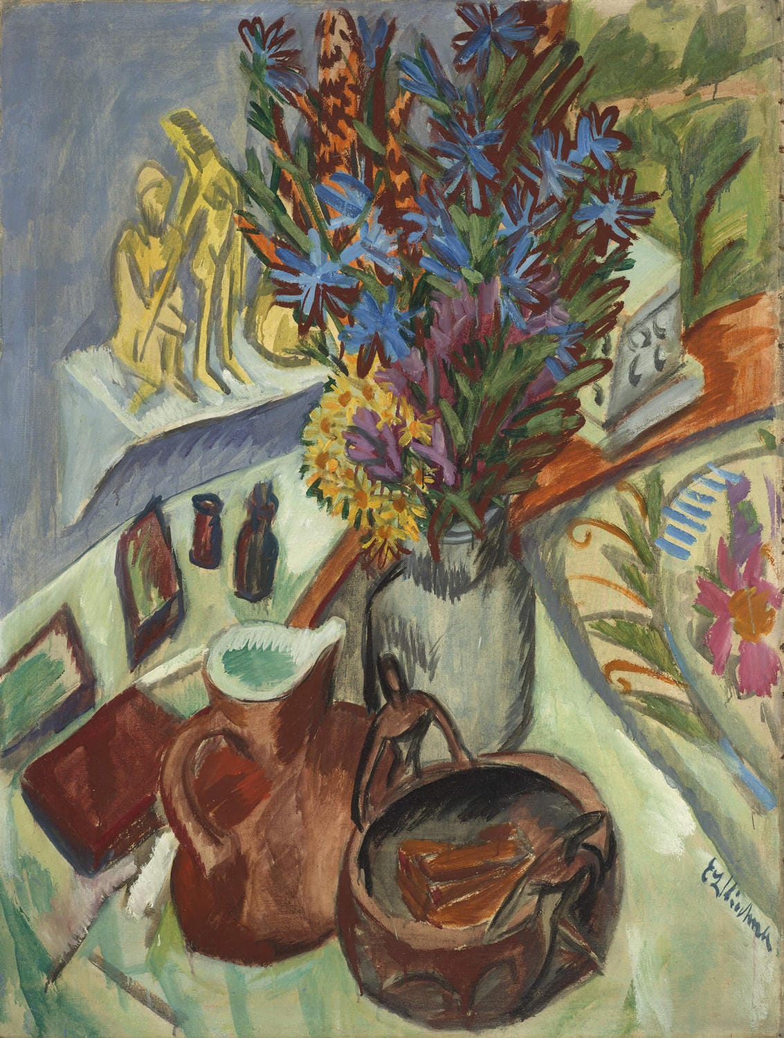 Stillleben mit Krug und afrikanischer Schale von Ernst Ludwig Kirchner, expressionistisches Gemälde mit lebendiger Darstellung von Alltagsobjekten und exotischer Symbolik.