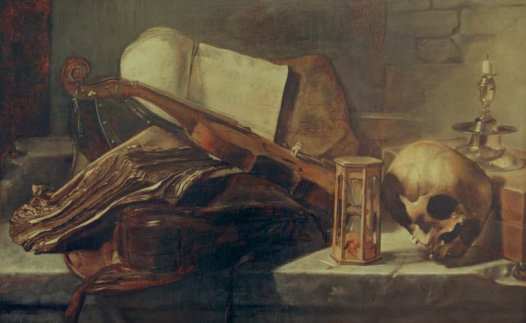 Kunstdruck Stilleben mit Büchern, Violine, Totenschädel und Stundengla von Rembrandt van Rijn