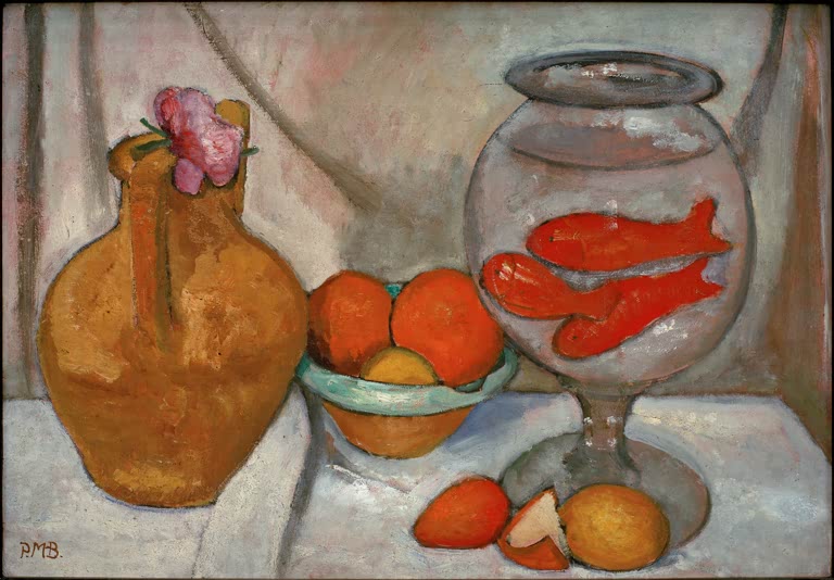 Kunstdruck von „Stilleben mit Goldfischglas“ von Paula Modersohn-Becker. Ausdrucksstarkes Stillleben mit harmonischer Farbgebung, in Deutschland handgefertigt.