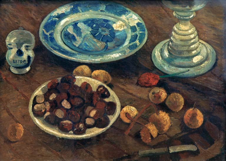 Kunstdruck von „Stilleben mit Kastanien“ von Paula Modersohn-Becker. Ausdrucksstarkes Stillleben mit Kastanien und harmonischer Farbgebung, in Deutschland handgefertigt.