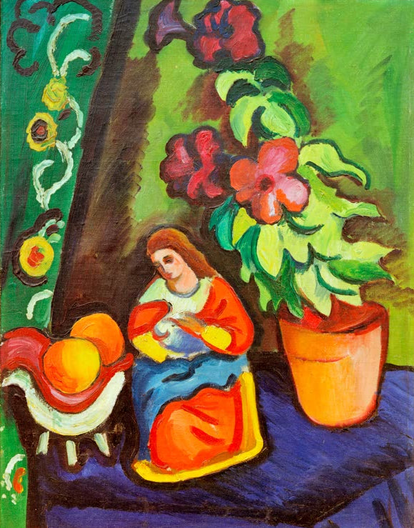 Kunstdruck des Gemäldes „Stilleben mit Madonna, Petunie und Äpfeln“ von August Macke. Hochwertig in Deutschland von Hand gefertigt, erhältlich als Poster oder Leinwand und optional gerahmt.
