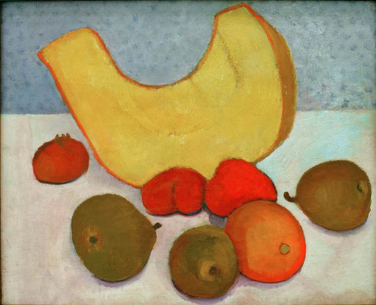 Kunstdruck von Stilleben mit Melonenscheibe (Stillleben mit Kürbisscheibe) von Paula Modersohn-Becker – ausdrucksstarkes Stillleben als hochwertiger Kunstdruck.