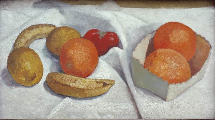 Kunstdruck von Stilleben mit Orangen, Bananen, Zitronen und Tomate von Paula Modersohn-Becker – farbenfrohes Stillleben mit Früchten als hochwertiger Kunstdruck.