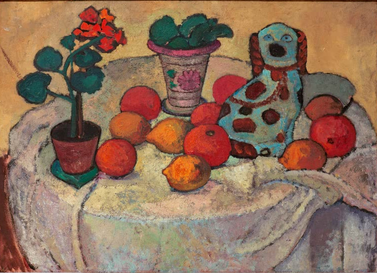 Kunstdruck von „Stilleben mit Porzellanhund“ von Paula Modersohn-Becker. Ausdrucksstarkes Stillleben mit dekorativem Porzellanhund und harmonischer Farbgebung, in Deutschland handgefertigt.